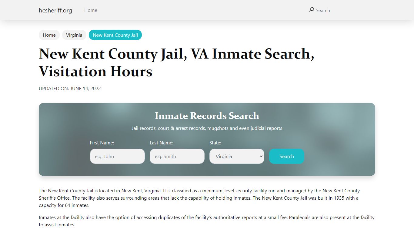 New Kent County Jail, VA Inmate Search, Visitation Hours
